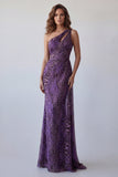 Vestido formal longo em chiffon roxo de um ombro sereia com faixa
