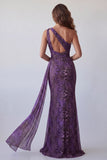 Vestido formal longo em chiffon roxo de um ombro sereia com faixa