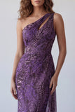 Vestido formal longo em chiffon roxo de um ombro sereia com faixa