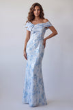 Vestido formal longo azul céu com ombros de sereia