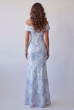 Vestido formal longo azul céu com ombros de sereia