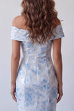 Vestido formal longo azul céu com ombros de sereia