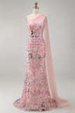 Vestido comprido de mãe da noiva cor-de-rosa brilhante com missangas de sereia e capa lateral
