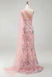 Vestido comprido de mãe da noiva cor-de-rosa brilhante com missangas de sereia e capa lateral