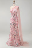 Vestido comprido de mãe da noiva cor-de-rosa brilhante com missangas de sereia e capa lateral