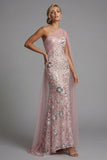Vestido comprido de mãe da noiva cor-de-rosa brilhante com missangas de sereia e capa lateral
