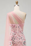 Vestido comprido de mãe da noiva cor-de-rosa brilhante com missangas de sereia e capa lateral