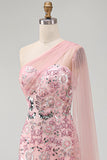 Vestido comprido de mãe da noiva cor-de-rosa brilhante com missangas de sereia e capa lateral