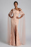 Vestido de Mãe da Noiva com Flores de Pêssego Brilhante e Longo Vestido de Mãe da Noiva com Capa