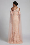 Vestido de Mãe da Noiva com Flores de Pêssego Brilhante e Longo Vestido de Mãe da Noiva com Capa