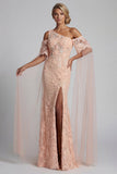 Vestido de Mãe da Noiva com Flores de Pêssego Brilhante e Longo Vestido de Mãe da Noiva com Capa
