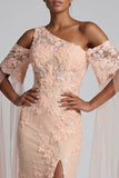 Vestido de Mãe da Noiva com Flores de Pêssego Brilhante e Longo Vestido de Mãe da Noiva com Capa