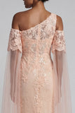 Vestido de Mãe da Noiva com Flores de Pêssego Brilhante e Longo Vestido de Mãe da Noiva com Capa