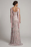 Vestido de mãe da noiva com gola barco longa e com gola barco e sereia cor-de-rosa brilhante com laços