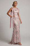 Vestido de mãe da noiva com gola barco longa e com gola barco e sereia cor-de-rosa brilhante com laços