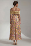 Amarelo Brilhante Longo Ombro Fora Linha Vestido Mãe da Noiva com Flor 3D
