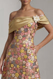 Amarelo Brilhante Longo Ombro Fora Linha Vestido Mãe da Noiva com Flor 3D