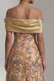 Amarelo Brilhante Longo Ombro Fora Linha Vestido Mãe da Noiva com Flor 3D