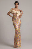 Vestido de Mãe da Noiva com Flores de Ombros Descobertos, Amarelo Brilhante e Longo, Mãe da Noiva