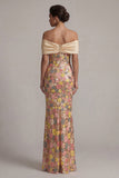 Vestido de Mãe da Noiva com Flores de Ombros Descobertos, Amarelo Brilhante e Longo, Mãe da Noiva