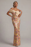 Vestido de Mãe da Noiva com Flores de Ombros Descobertos, Amarelo Brilhante e Longo, Mãe da Noiva