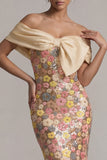Vestido de Mãe da Noiva com Flores de Ombros Descobertos, Amarelo Brilhante e Longo, Mãe da Noiva