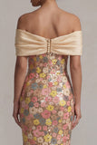 Vestido de Mãe da Noiva com Flores de Ombros Descobertos, Amarelo Brilhante e Longo, Mãe da Noiva