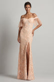 Vestido Mãe da Noiva, Sereia Floral de Pêssego Brilhante Com Contas Longas e Fenda