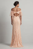 Vestido Mãe da Noiva, Sereia Floral de Pêssego Brilhante Com Contas Longas e Fenda