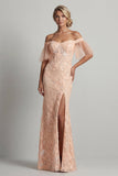 Vestido Mãe da Noiva, Sereia Floral de Pêssego Brilhante Com Contas Longas e Fenda
