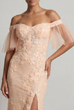 Vestido Mãe da Noiva, Sereia Floral de Pêssego Brilhante Com Contas Longas e Fenda