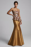 Vestido de mãe da noiva com sereia floral sem alças, dourado brilhante, com lantejoulas