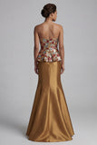Vestido de mãe da noiva com sereia floral sem alças, dourado brilhante, com lantejoulas