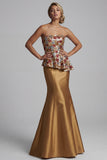 Vestido de mãe da noiva com sereia floral sem alças, dourado brilhante, com lantejoulas