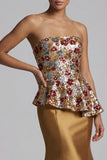 Vestido de mãe da noiva com sereia floral sem alças, dourado brilhante, com lantejoulas
