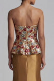 Vestido de mãe da noiva com sereia floral sem alças, dourado brilhante, com lantejoulas