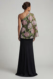 Vestido Longo de Mãe da Noiva em forma de Sereia Floral Preto com Capa Lateral