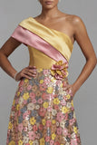 Amarelo cintilante Vestido floral de um ombro longo Linha A Mãe da Noiva