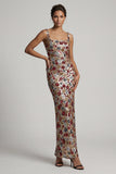 Vestido longo de mãe da noiva com gola quadrada vermelha e brilhante com decote quadrado floral de lantejoulas