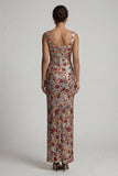 Vestido longo de mãe da noiva com gola quadrada vermelha e brilhante com decote quadrado floral de lantejoulas