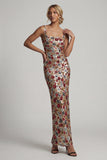 Vestido longo de mãe da noiva com gola quadrada vermelha e brilhante com decote quadrado floral de lantejoulas