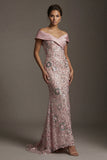Vestido da mãe da noiva com contas de sereia cor-de-rosa brilhante, longo, sem ombros