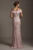 Vestido da mãe da noiva com contas de sereia cor-de-rosa brilhante, longo, sem ombros