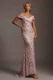 Vestido da mãe da noiva com contas de sereia cor-de-rosa brilhante, longo, sem ombros
