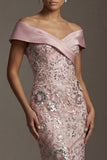 Vestido da mãe da noiva com contas de sereia cor-de-rosa brilhante, longo, sem ombros