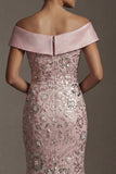 Vestido da mãe da noiva com contas de sereia cor-de-rosa brilhante, longo, sem ombros