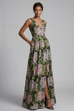 Vestido Verde Escuro de Decote em V Floral Long A Line Mãe da Noiva com Bolsos