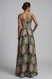 Vestido Verde Escuro de Decote em V Floral Long A Line Mãe da Noiva com Bolsos