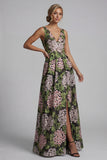 Vestido Verde Escuro de Decote em V Floral Long A Line Mãe da Noiva com Bolsos
