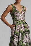 Vestido Verde Escuro de Decote em V Floral Long A Line Mãe da Noiva com Bolsos